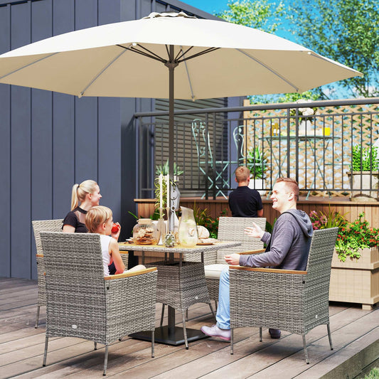 Outsunny Five-Piece Rattan Set, with Wood-Top Table - Teak / Grey