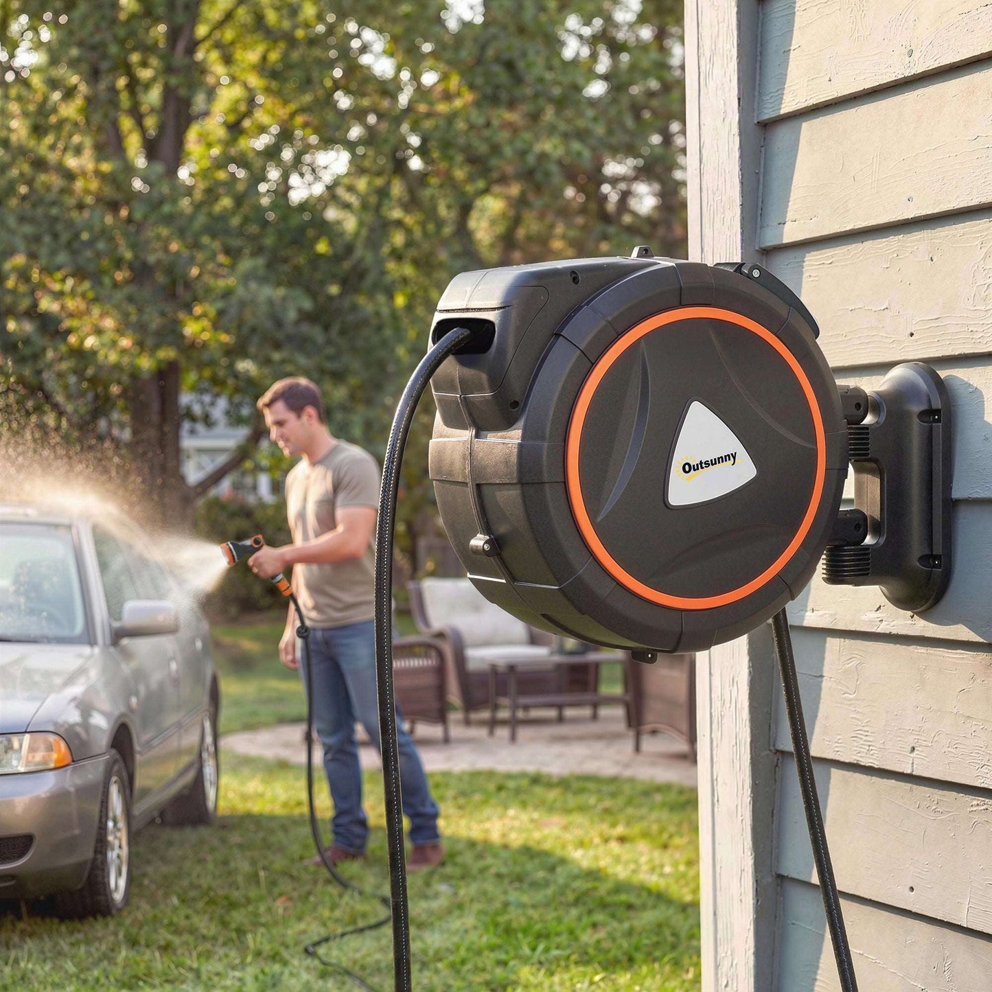 23+2m Retractable Garden Hose Reel | Auto-Retract & Self-Locking Slow Rewind | Wall-Mount or Portable | 2 Nozzles 12 Spray Modes | 120 PSI | UV & Corrosion-Resistant PP | 55x31x50cm | Orange