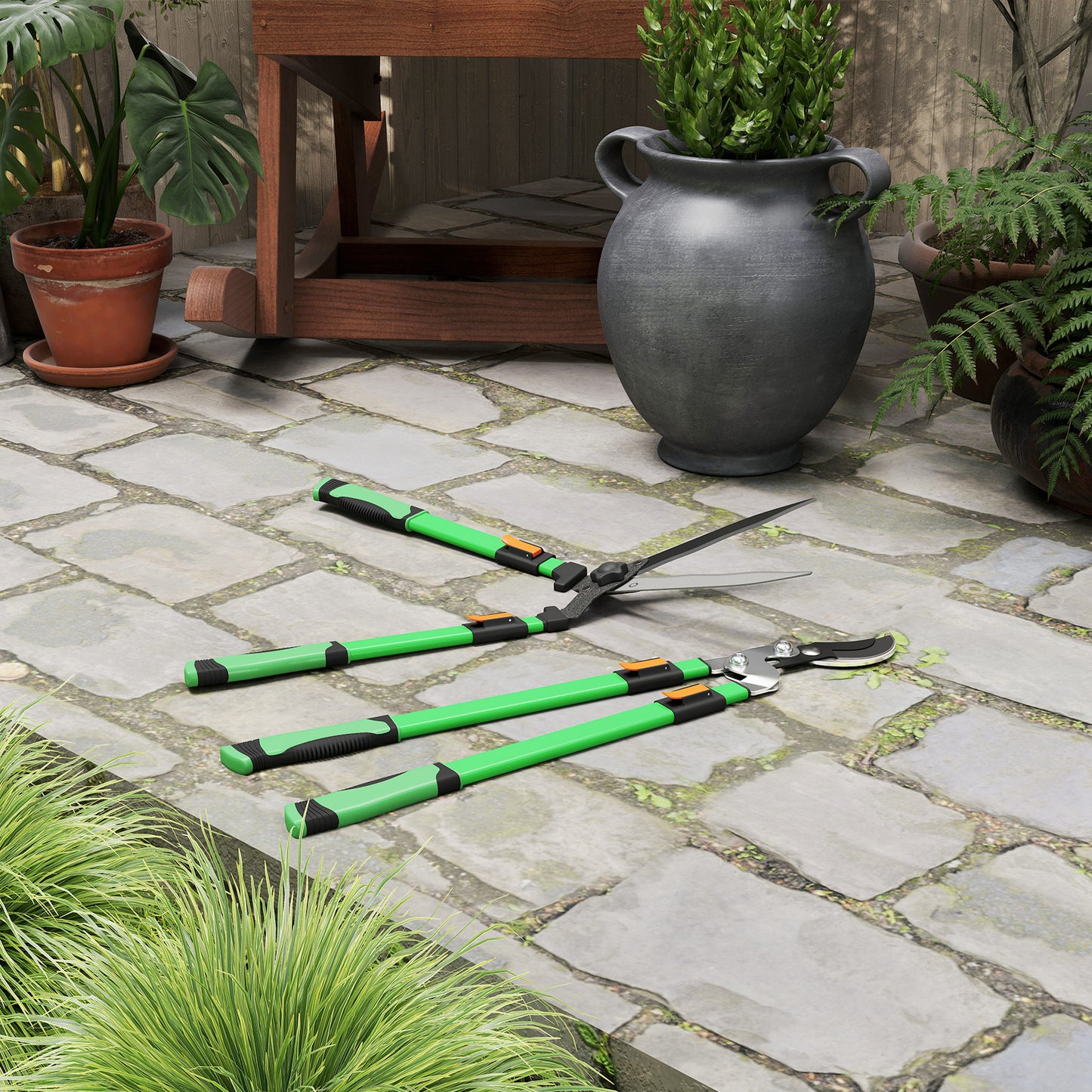 Outsunny 2 Pieces Garden Shears Set, Tree Lopper, Hedge Shears with Telescopic Extendable Handles, Garden Shears for Hedges, Shrubs and Bushes