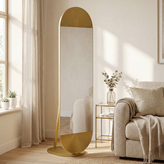 Wavy Full Length Mirror | 50x161.5cm | Gold Tone | Metal Frame & Base | Shatter-Proof Glass | Free Standing