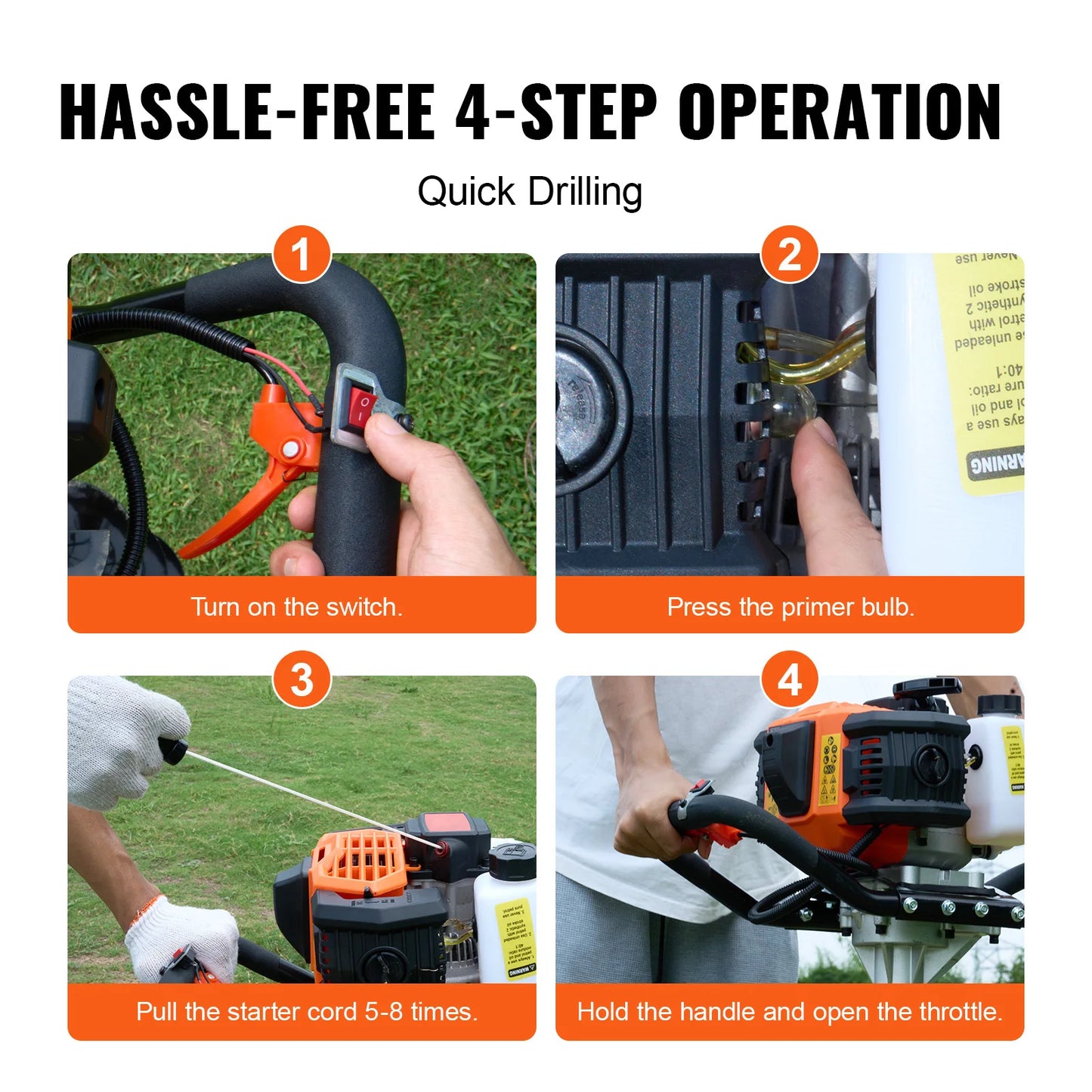 Succebuy Post Hole Digger Gas Powered 52CC 1450W Earth Auger Gas Auger W/ 6”&10” Auger Drill Action Design Bits& Extension Rods