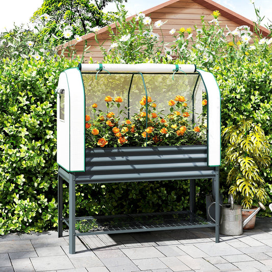 Galvanised Raised Planter with Greenhouse Cover | PE Cover Roll-Up Door & Side Vents | Elevated on Legs | Bottom Mesh Shelf | 180kg Capacity | 120x55x140cm | Dark Grey
