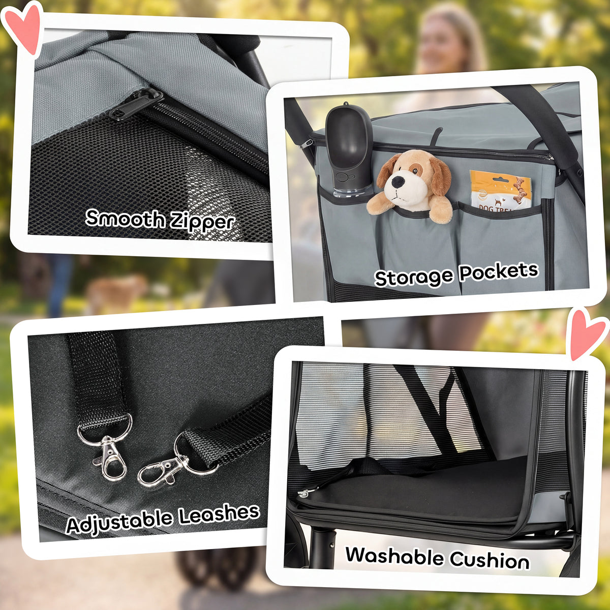 3-Wheel Dog Stroller | Dual Entry | One-Click Fold | Panoramic Mesh Windows | Washable Cushion | 600D Oxford | 20kg | Grey