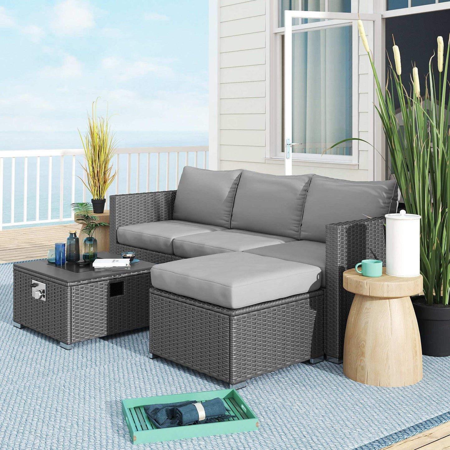 Outsunny Five Piece Rattan Garden Furniture Set with Gas Fire Pit Table and Footstool - Grey