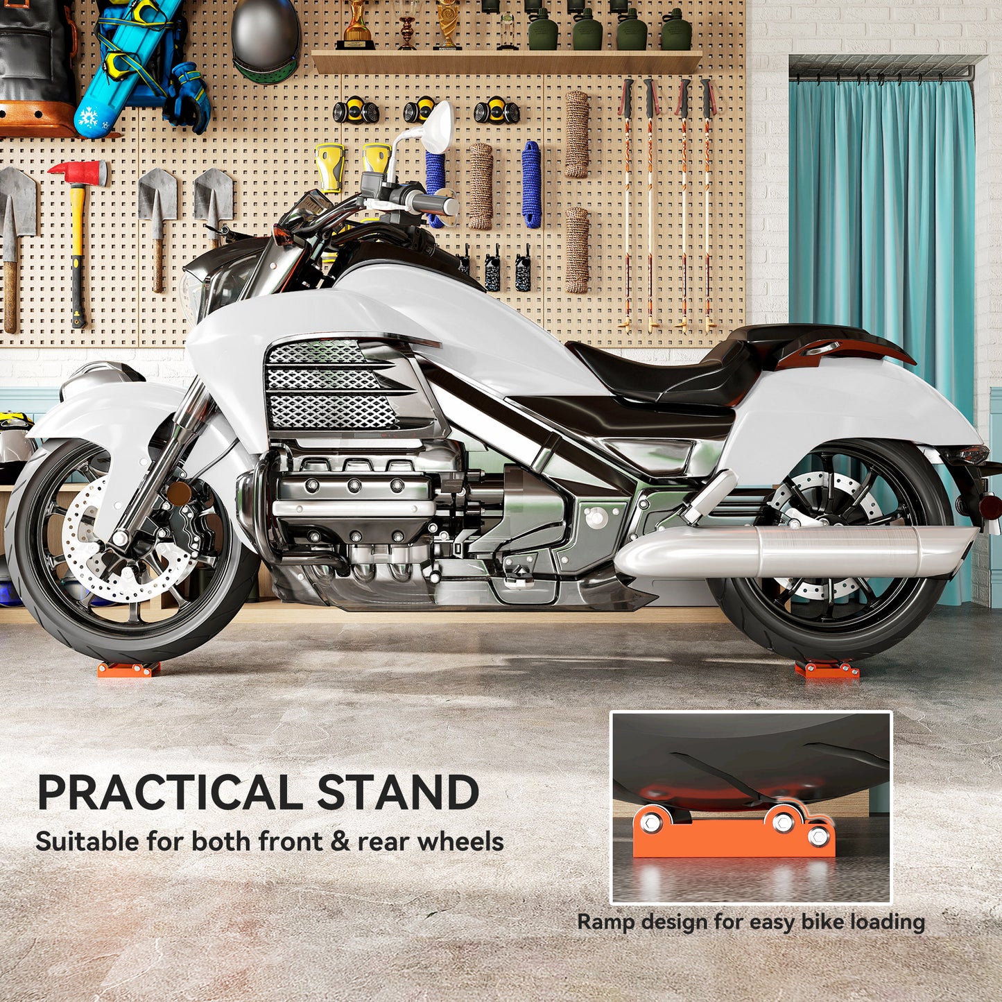 Motorcycle Wheel Cleaning Roller Maintenance Stand with Steel Frame, Aluminium Rollers, for Tyre Cleaning and Chain Lubrication, Fit Tyre Width < 180mm, Bikes < 485lb, Orange
