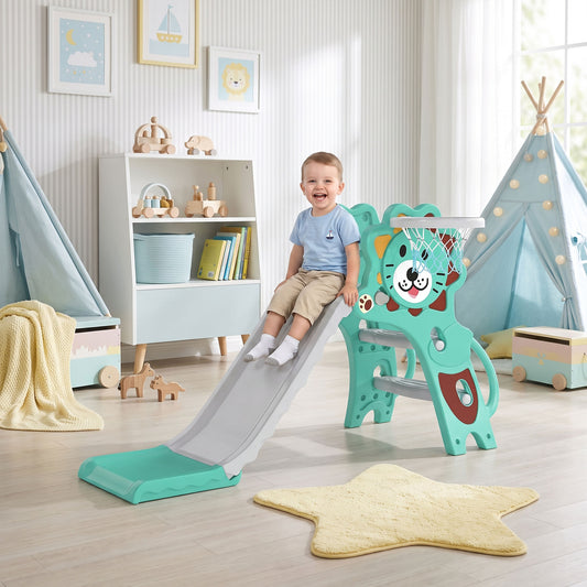 Kids Toddler Slide with Climber & Basketball Hoop | Lion Design | Lightweight | Easy Assembly | Indoor Play | Ages 18-36 Months | Blue