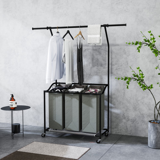 26L Laundry Sorter, Rolling Wash Basket with Hanging Rail and Mobile 3-Bag Organiser for Bedroom, Bathroom, Laundry Room, 88-149.5L x 40W x 167H cm