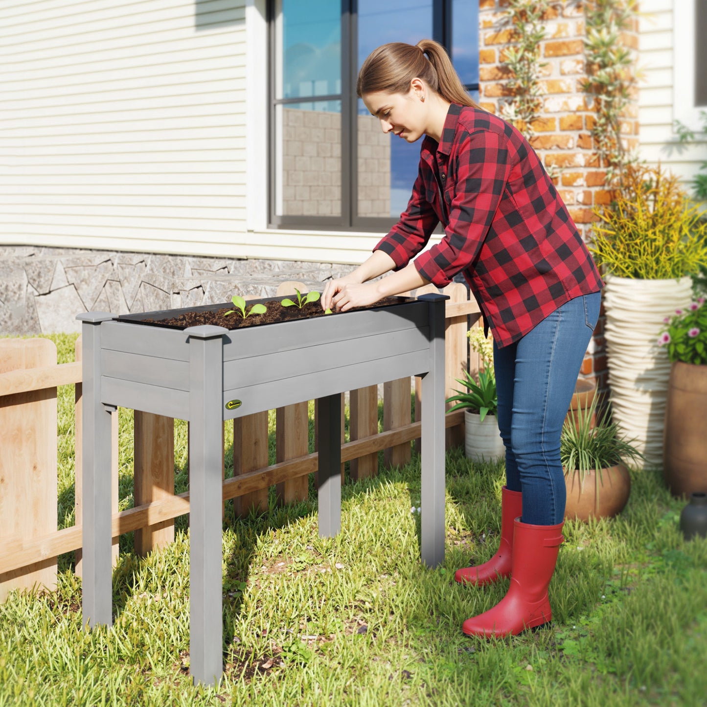 Elevated Fir Wood Raised Garden Bed | Non-Woven Liner | 4 Drainage Holes | 52cm Legs | Water-Resistant Paint | 80kg | 86x46x76cm | Flowers Veg & Herbs | Dark Grey
