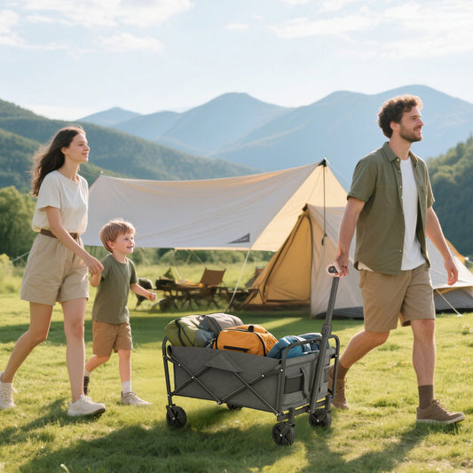 62L Festival Trolley on Wheels, Garden Folding Trolley Cart, 120kg Heavy Duty Collapsible Folding Wagon W/ Adjustable Handle and Carrying Bag for Beach, Camping, Festival