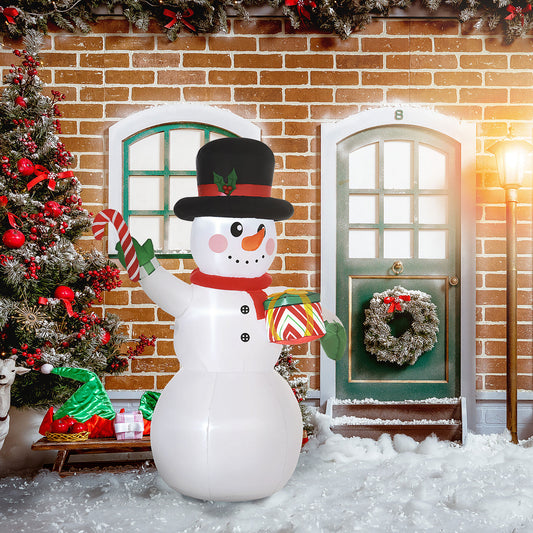 6FT Christmas Inflatable Snowman with Candy Cane and Gift Box with Built-in LED Light for Indoor, Outdoor