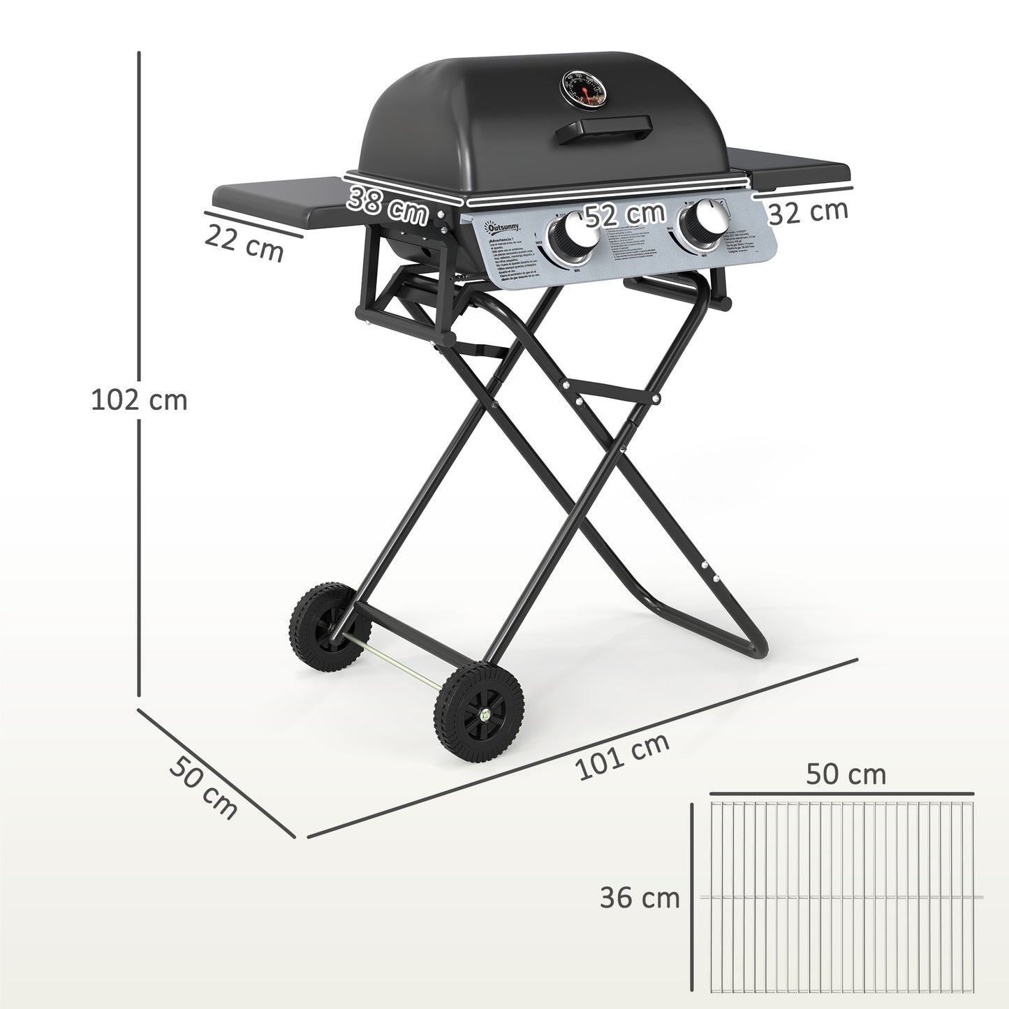 Foldable Gas BBQ with Side Tables, 2 Burner Portable Gas Barbecue Grill with Thermometer Lid Grease Tray Wheels, Folding Trolley for Garden Party