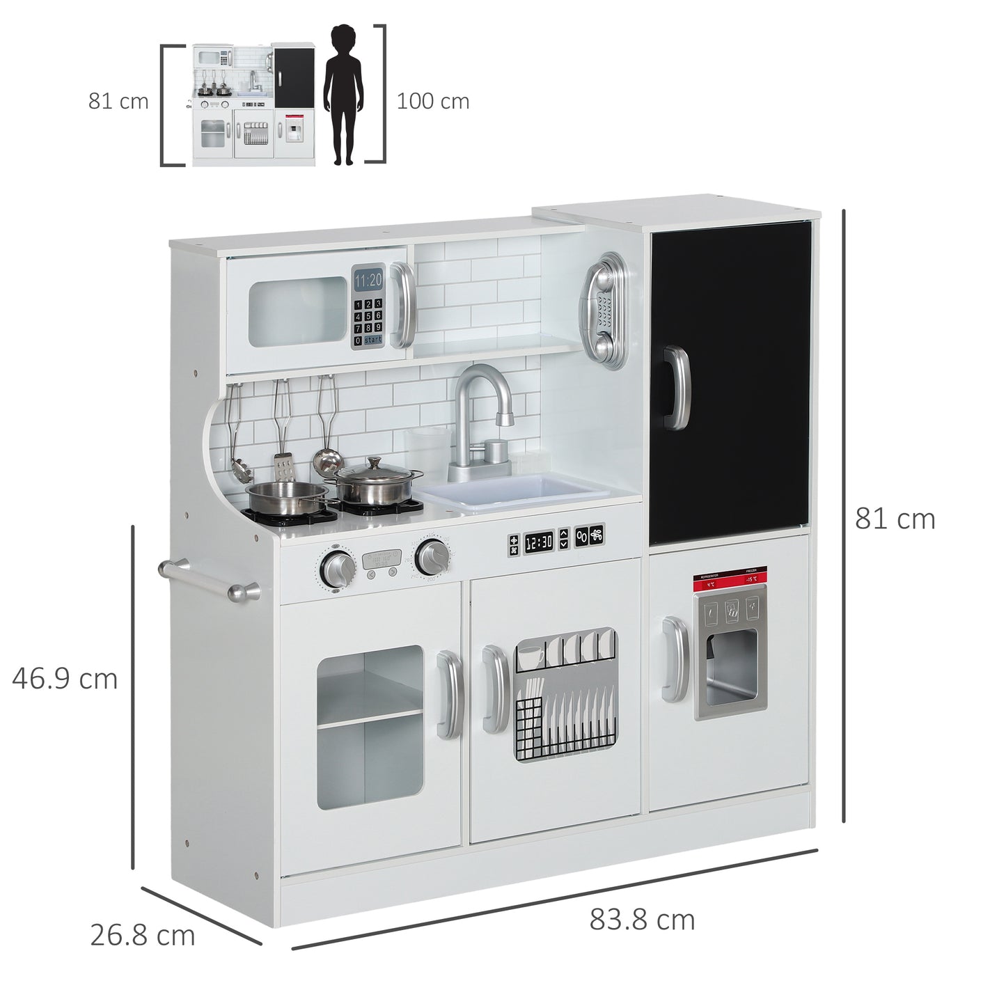 Pretend Play Kitchen, Kids Kitchen Playset, with Toy Phone, Chalkboard, Microwave, Cooking Stove, Sink, White