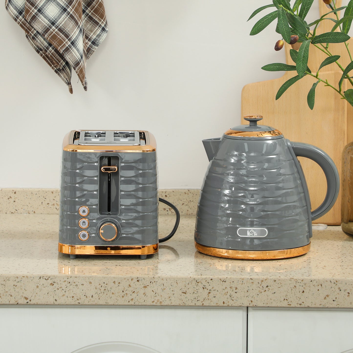 3000W 1.7L Rapid Boil Kettle & 2 Slice Toaster, Kettle and Toaster Set with 7 Browning Controls and Crumb Tray, Grey / Black