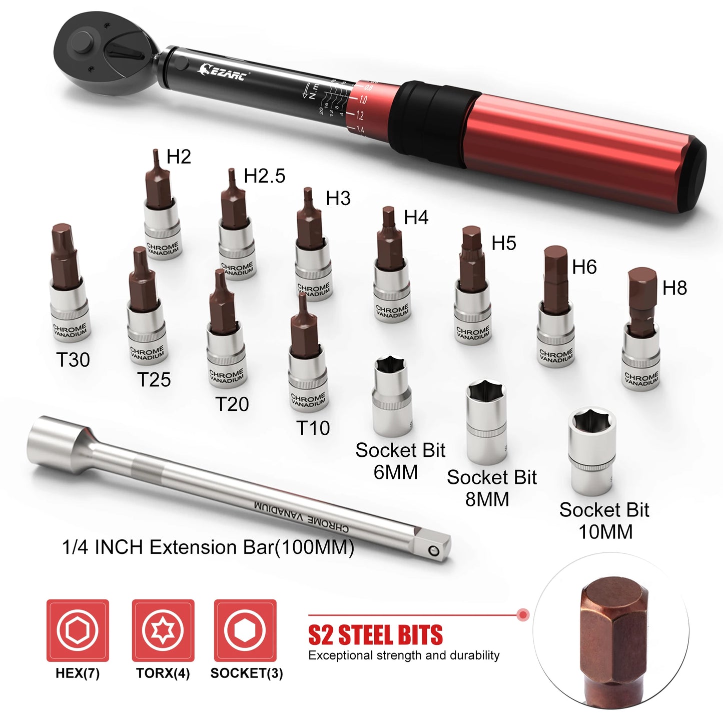 EZARC 16Pcs 1/4'' Torque Wrench Set with Double Scale 2-20 Nm, Precise Ratchet Wrench Repair Spanner Key Bicycle Maintenance Kit