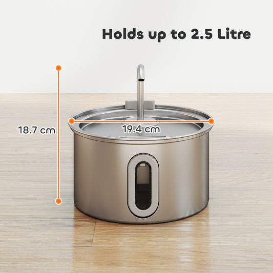 PawHut 2.5L Stainless Steel Cat Water Fountain for Drinking with Ultra-Silent Pump, Water-Level Window, Filters
