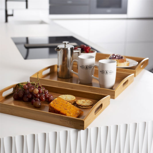 Maison & White Bamboo Serving Trays | Set of 3 Nesting Rectangular Trays | Raised Edges & Carry Handles | Natural Finish