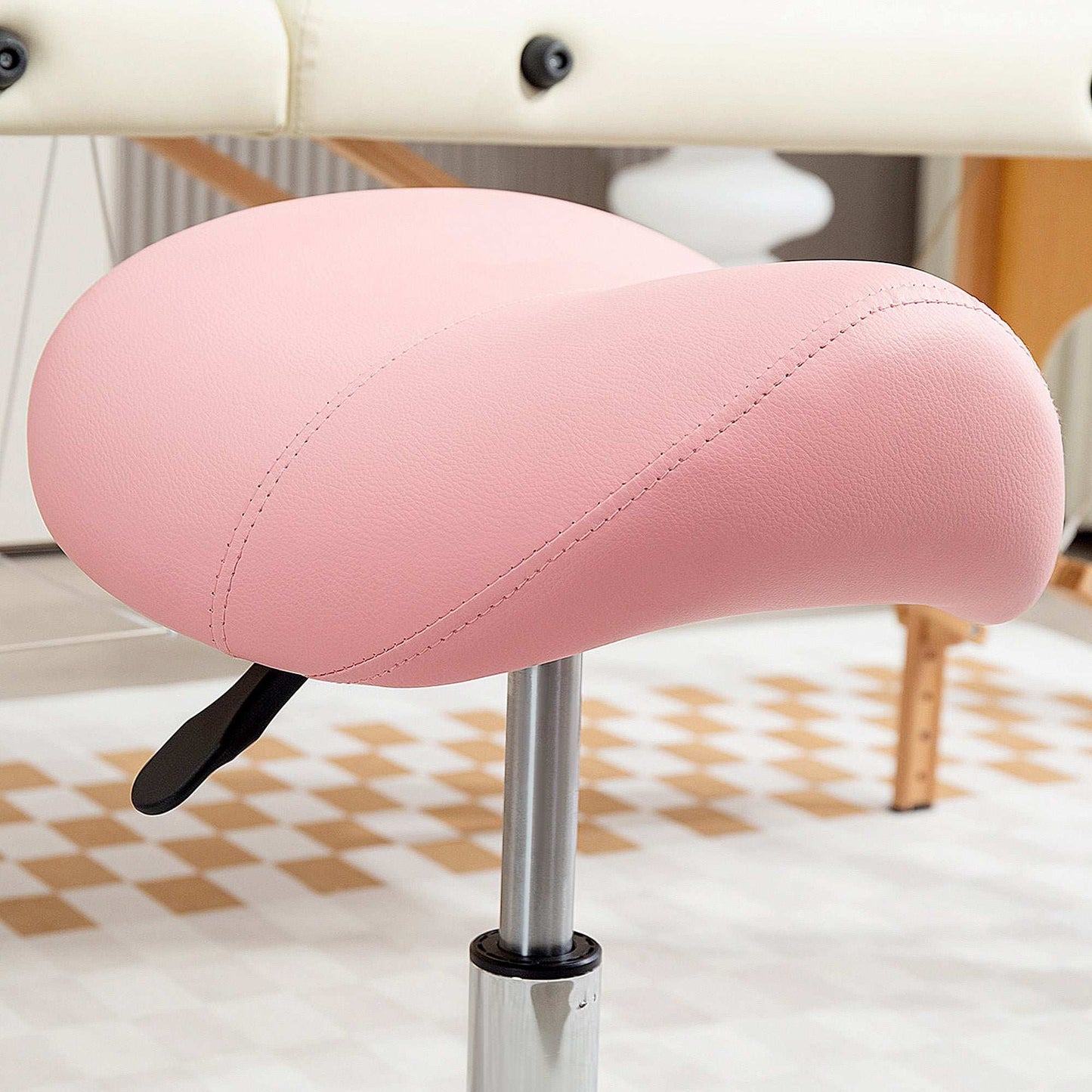 Saddle Stool, PU Leather Adjustable Rolling Salon Chair with Steel Frame for Massage, Spa, Beauty and Tattoo, Pink