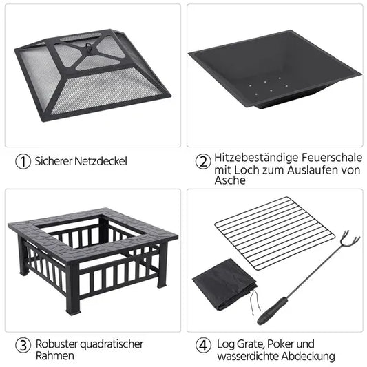 Outdoor Fire Pit - Metal Brazier Square Table Firepit Garden Patio Heater/BBQ/Ice Pit with Waterproof Cover 3 In 1