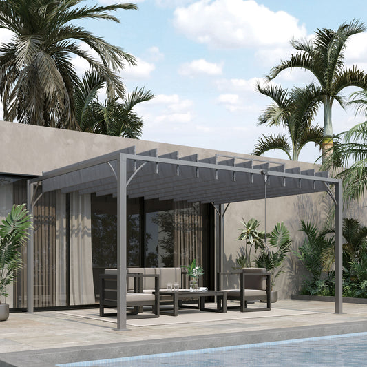 Outsunny 4 x 3(m) Outdoor Pergola with Retractable Roof, Aluminium Louvered Patio Gazebo Canopy, Grey