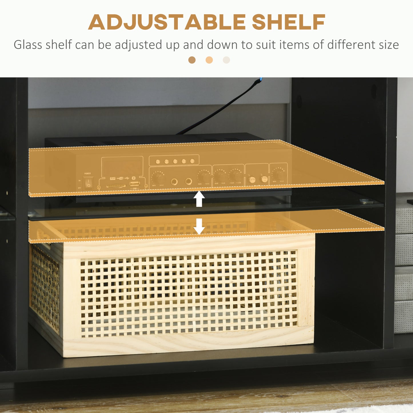 TV Stand, 145cm Modern TV Unit with Glass Shelves, RGB LED Light for 32 40 43 50 52 55 60 inch 4k TV, Black