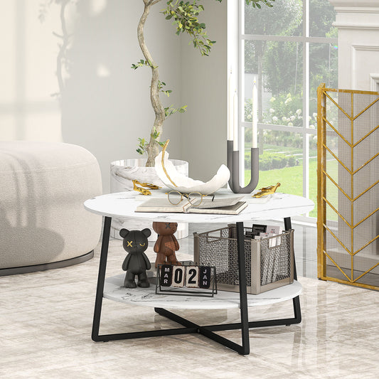 2-Tier Round Coffee Table with Storage Shelf, Living Room Table with Marble Effect Top and Steel Frame, White
