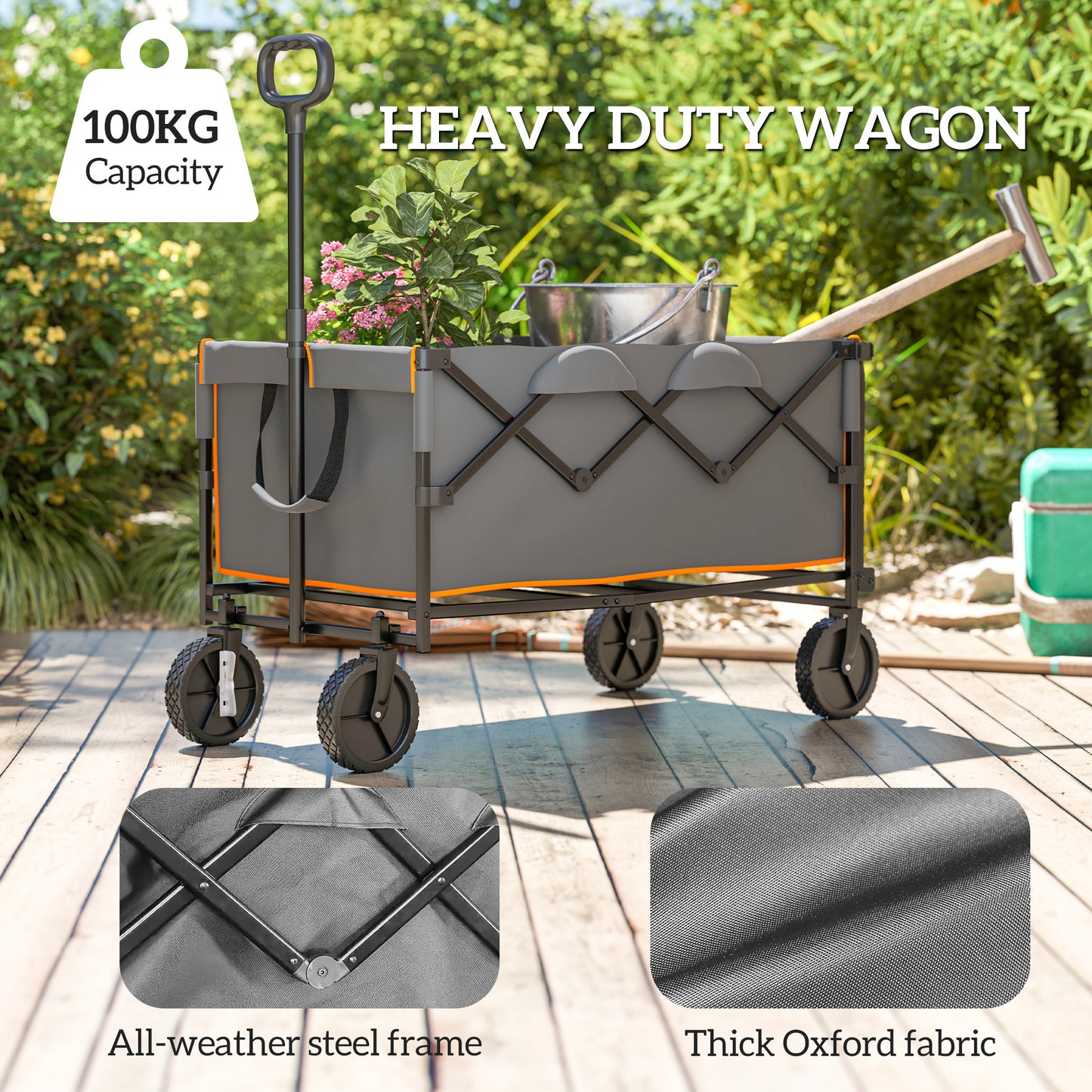 160L Festival Trolley on Wheels, Folding Camping Trolley Cart w/ Tailgate, 100kg Heavy Duty Garden Collapsible Folding Wagon w/Adjustable Handle, Carry Bag for Beach Picnic