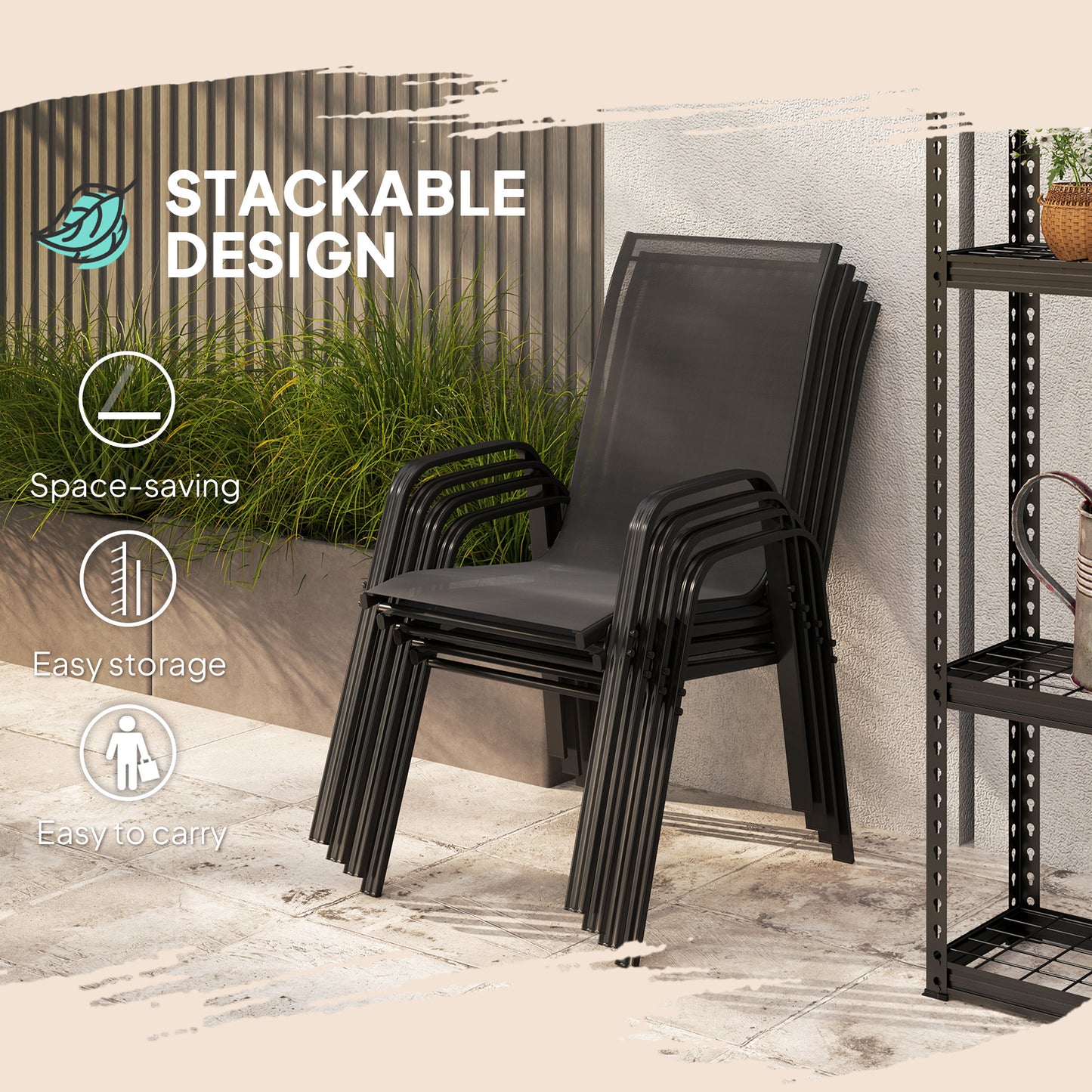 Outsunny Set of Four Stackable Mesh Seat Garden Outdoor Dining Chairs - Black