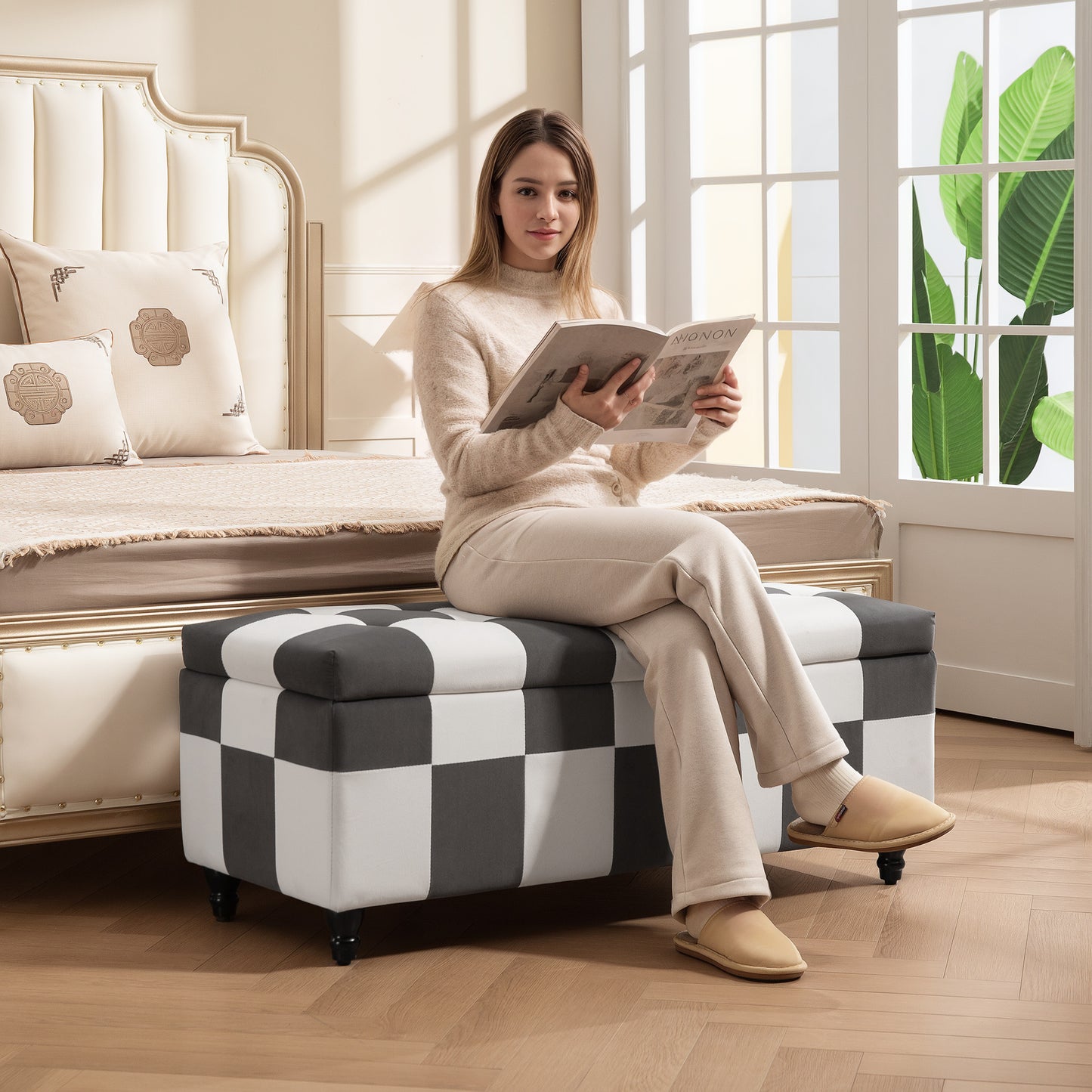 114 x 47 x 47cm Velvet Storage Ottoman, Button-tufted Footstool Box, Toy Chest with Lid for Living Room, Bedroom, Dark Grey and White