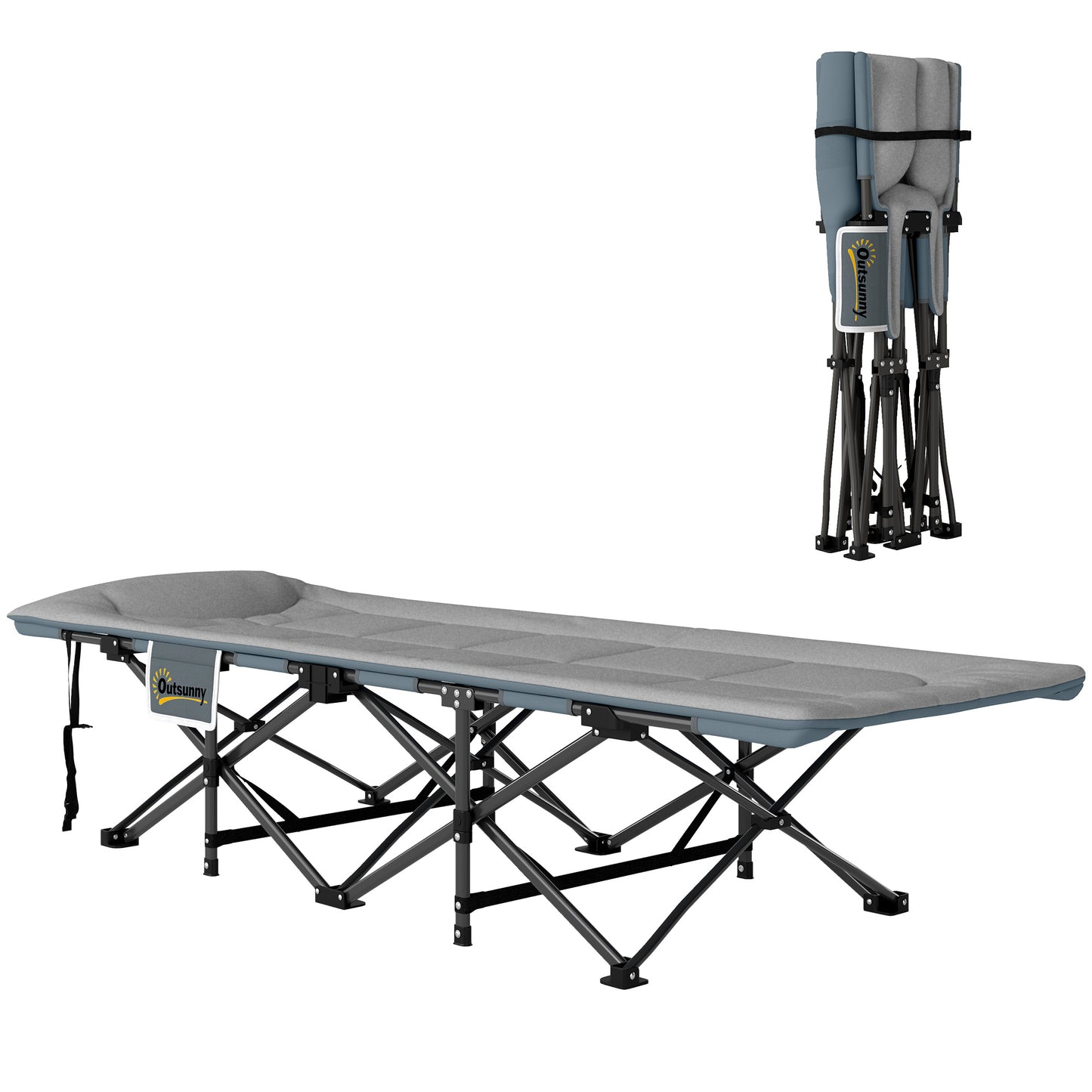 Folding Camping Bed for Adults with Cushion, Heavy Duty Portable Travel Camping Cot with Headrest, Side Pocket and Non-Slip Foot Pads