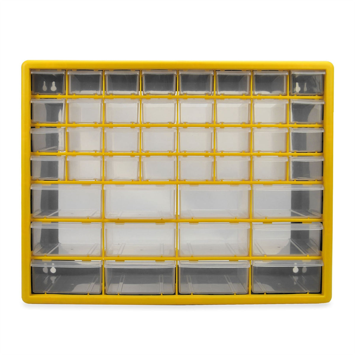 Pukkr 44 Drawer Storage Cabinet | Yellow & Black Small Parts Organiser | Clear Drawers | Desktop or Wall Mounted