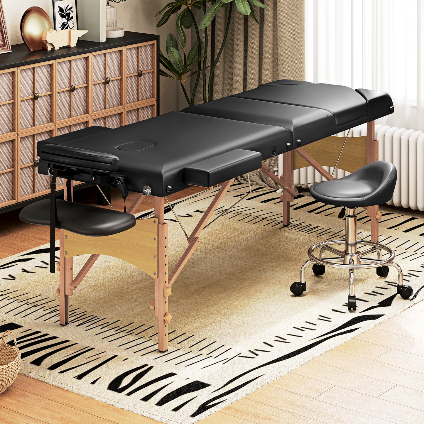 Foldable Massage Table with Beech Wood Legs - Grey / Black