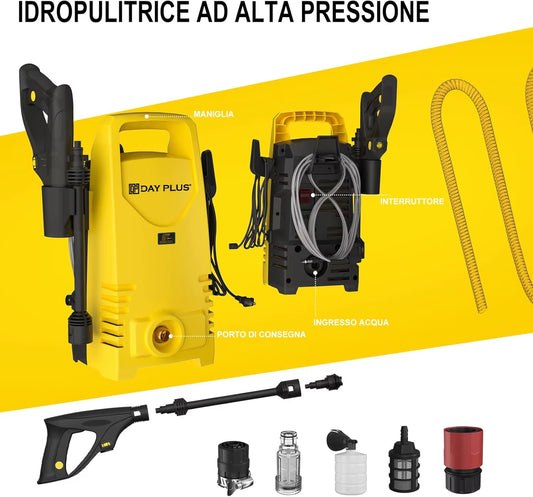 Electric High Pressure Washer 1600W, 120Bar, 380L/H Adjustable Lance from 0 to 180°,7M Flexible Hose, For Terraces, Gardens, Cars
