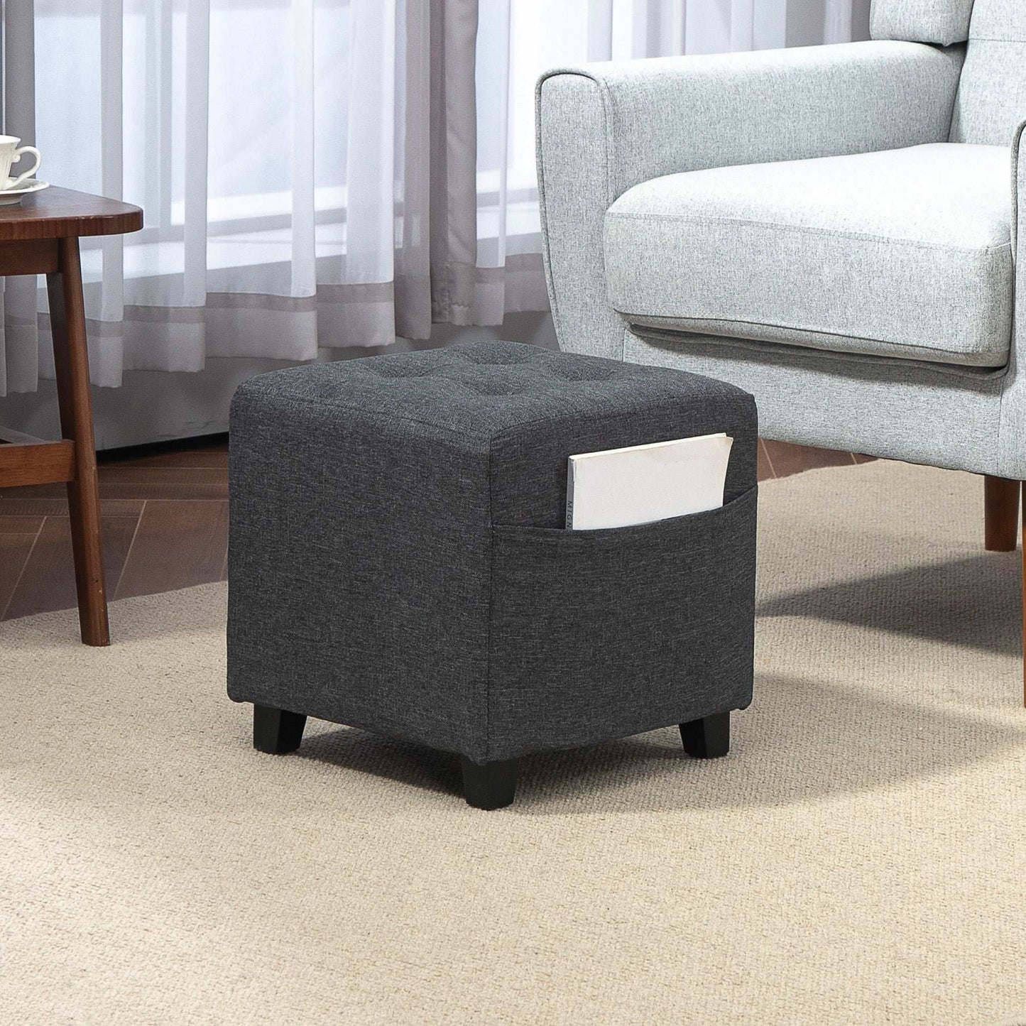 Square Footstool, Small Ottoman with Side Pocket, Linen Fabric Foot Stool W/ Rubber Wood Legs and Pad Seat for Living Room, 35 x 35 x 35cm, Grey