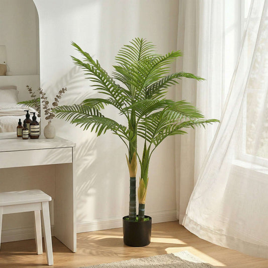 Artificial Palm Tree | 120cm | 14 PEVA Leaves | Shapeable Branches | Moss Effect Cement Pot | No Maintenance | Green