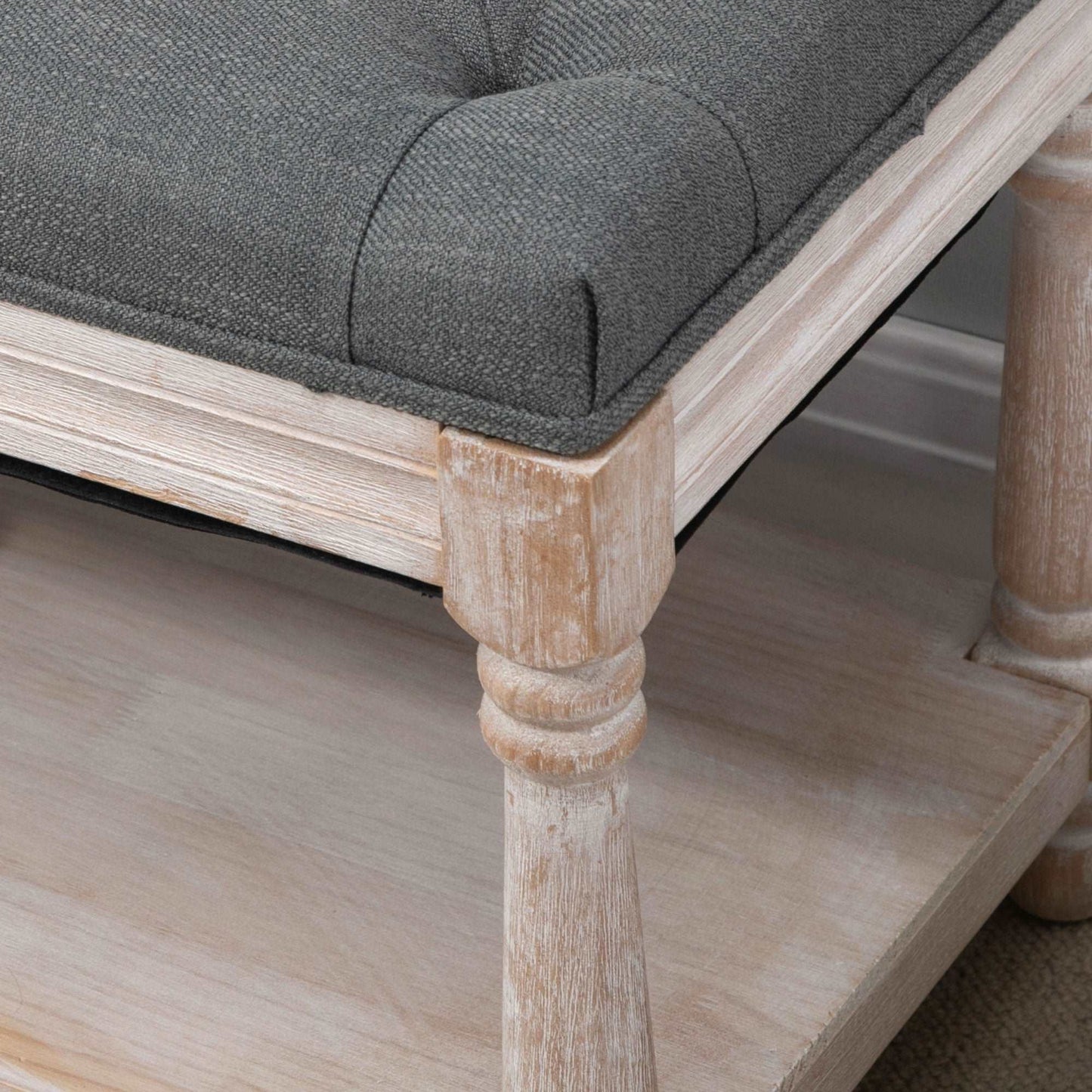 2 Tier Shoe Rack Bench with Button Tufted Upholstered Cushion, Vintage Bed End Bench, Wooden Window Seat for Hallway, Living Room, Bedroom-Grey