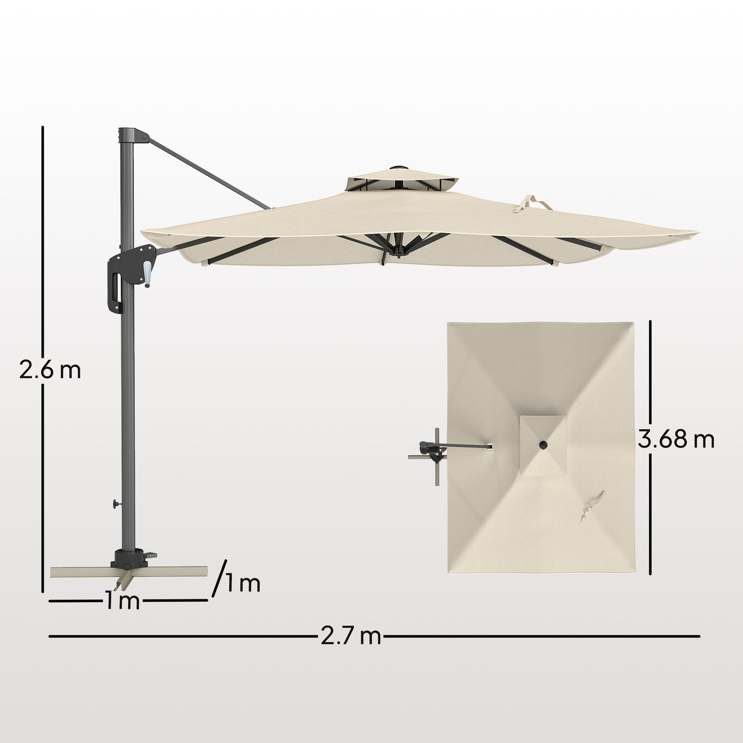 3.7 x 2.7 m Cantilever Parasol w/ 360° Rotation and Easy Tilt Adjustment, Aluminium Hanging Offset Outdoor Umbrella w/ Double Top and Cross Base, UPF50+ Hanging Sun Shade