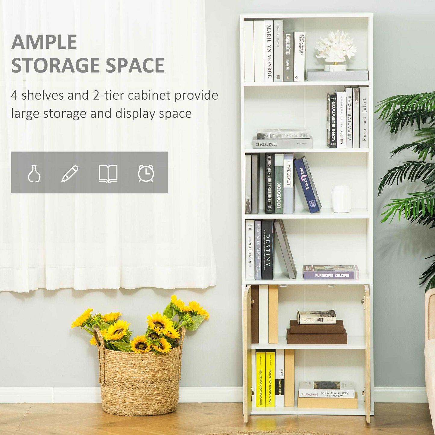 2 Door 4 Shelves Tall Bookcase Modern Storage Cupboard Display Unit for Living Room Study Bedroom Home Office Furniture White and Oak