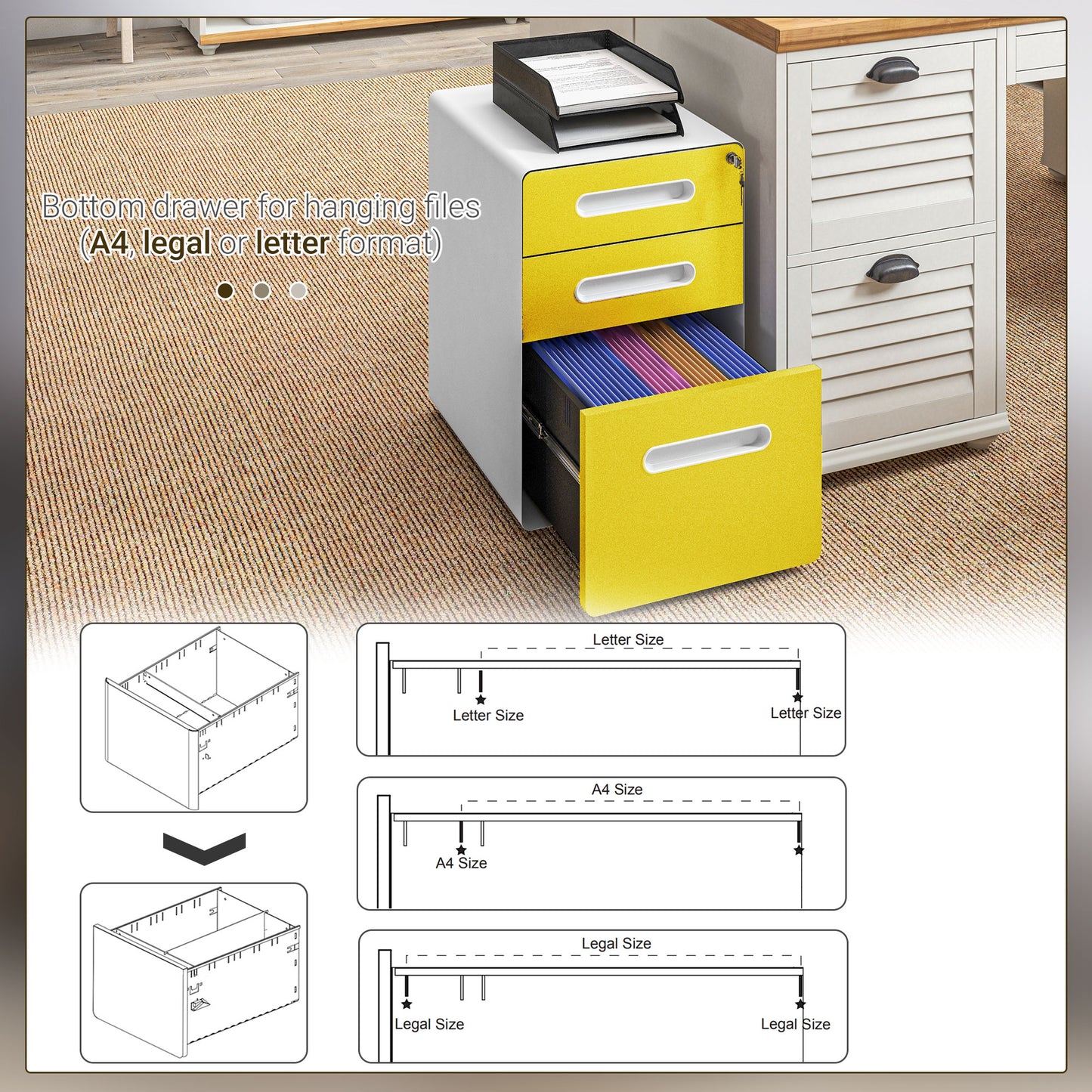 Vinsetto 3 Drawer Filing Cabinet, Steel Lockable File Cabinet with Lock and Wheels, for A4, Letter, Legal Sized Files