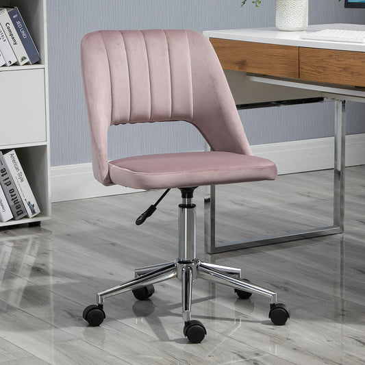 Armless Velvet-Feel Office Chair | Sponge Padded Seat & Back | 360° Swivel | 5 Wheels | Height Adjustable 46-58cm | 120kg | Bedroom Home Office Study | Pink