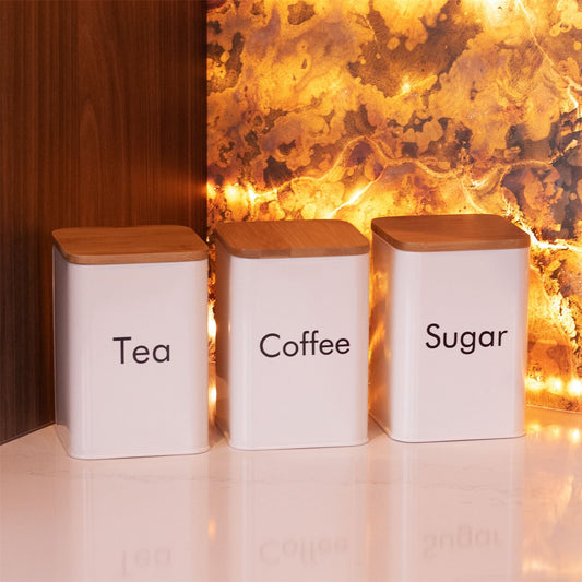 Kitchen Canister Set | 3 Piece | Painted Iron | Airtight Bamboo Lids | Tea Coffee Sugar Labels | Easy Clean | Hand Wash | 2-Year Warranty | Cream