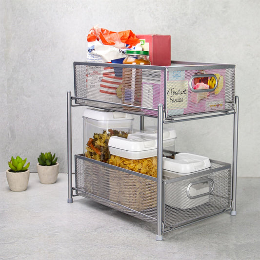Maison & White 2 Tier Stainless Steel Sliding Shelves | 31x33x23.5cm | 2 Mesh Pull-Out Drawers | No Assembly | Kitchen Pantry Bathroom Desk | Freestanding Storage | 2-Year Warranty