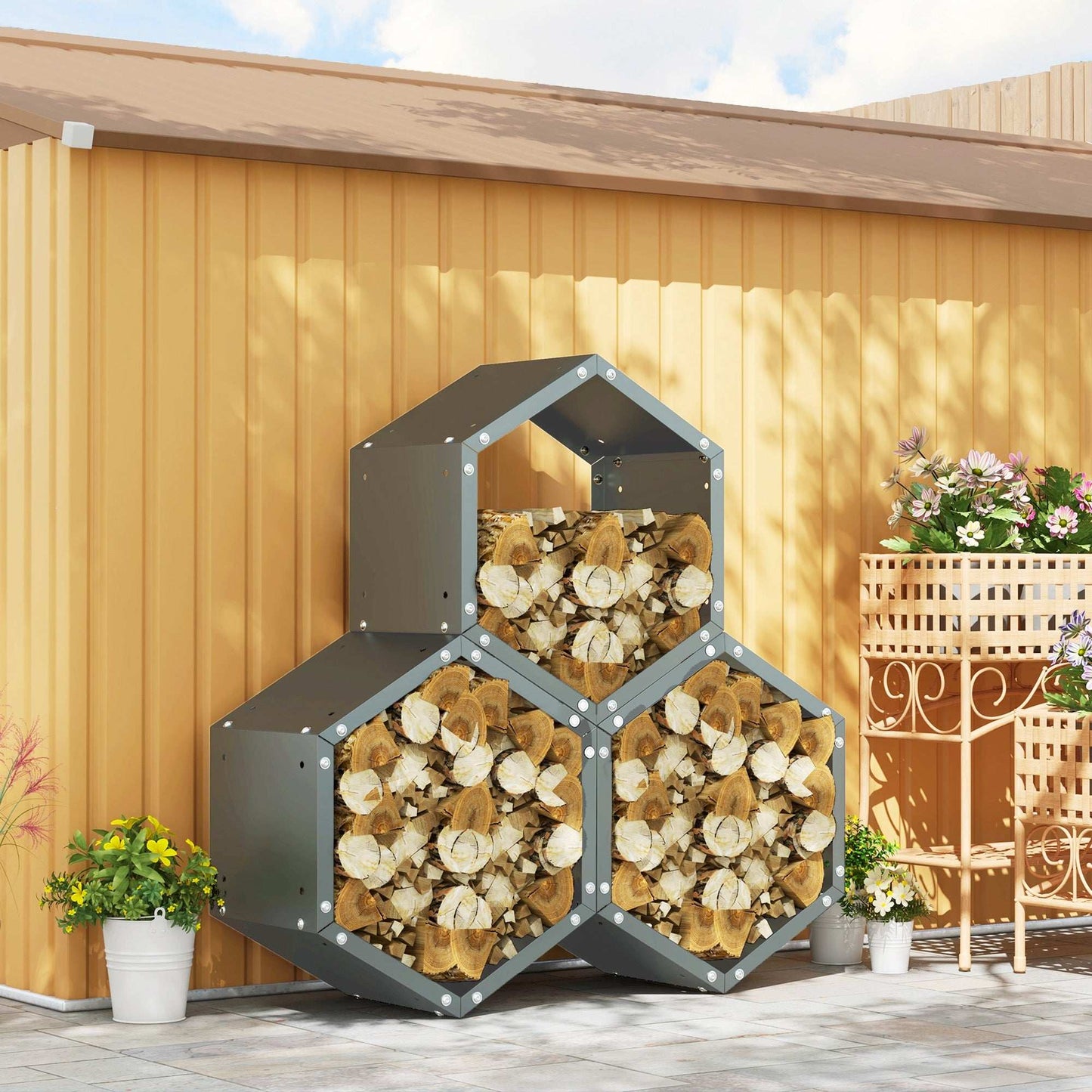 Outsunny Three-Shelf Hexagon Metal Firewood Log Storage Rack Holder Organiser - Grey