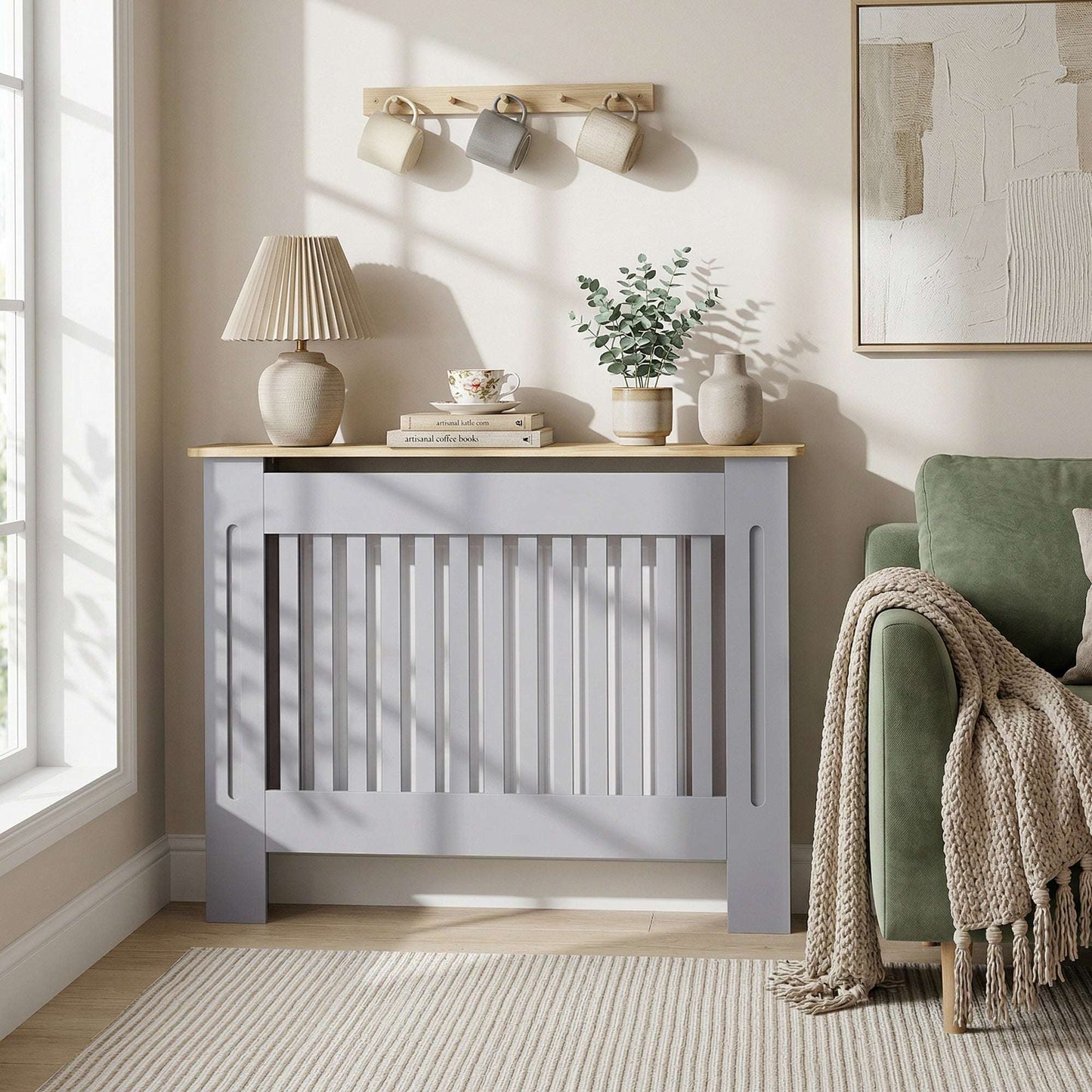 MDF Radiator Cover | Slatted Line Grill Design | Display Top | Wall Mountable | Fittings Included | Lightweight 9kg | 112x19x81cm | Grey