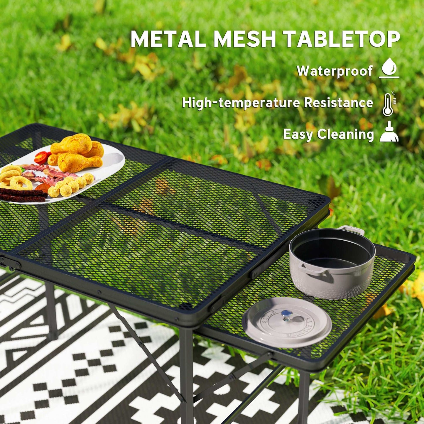 Folding Grill Table, 4.5ft Portable Camping Table with 2 Wing Panels, Height Adjustable Metal Picnic Table for Camping, Picnic and BBQ, Black