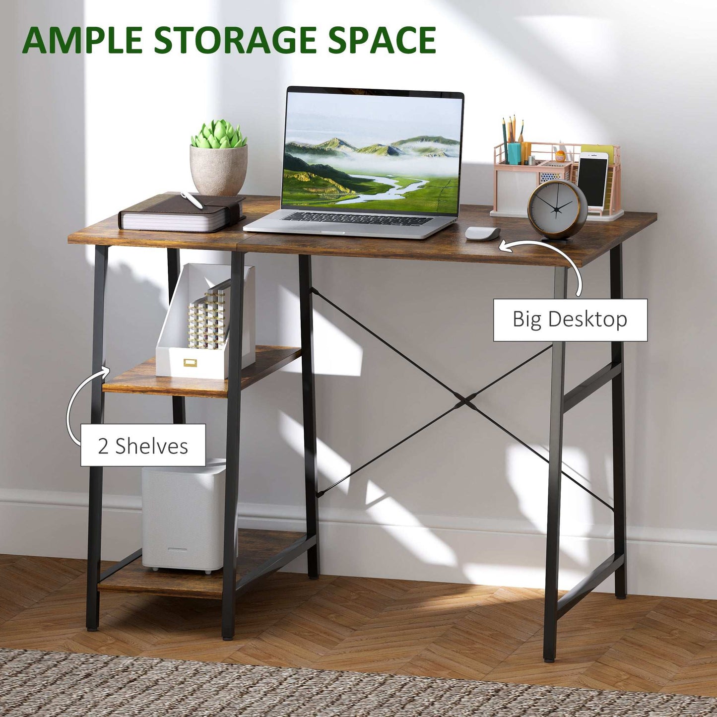 100cm Computer Desk with Storage, Industrial Home Office Desk with 2 Tier Shelves and Steel Frame, Computer Table for Study Room, Rustic Brown