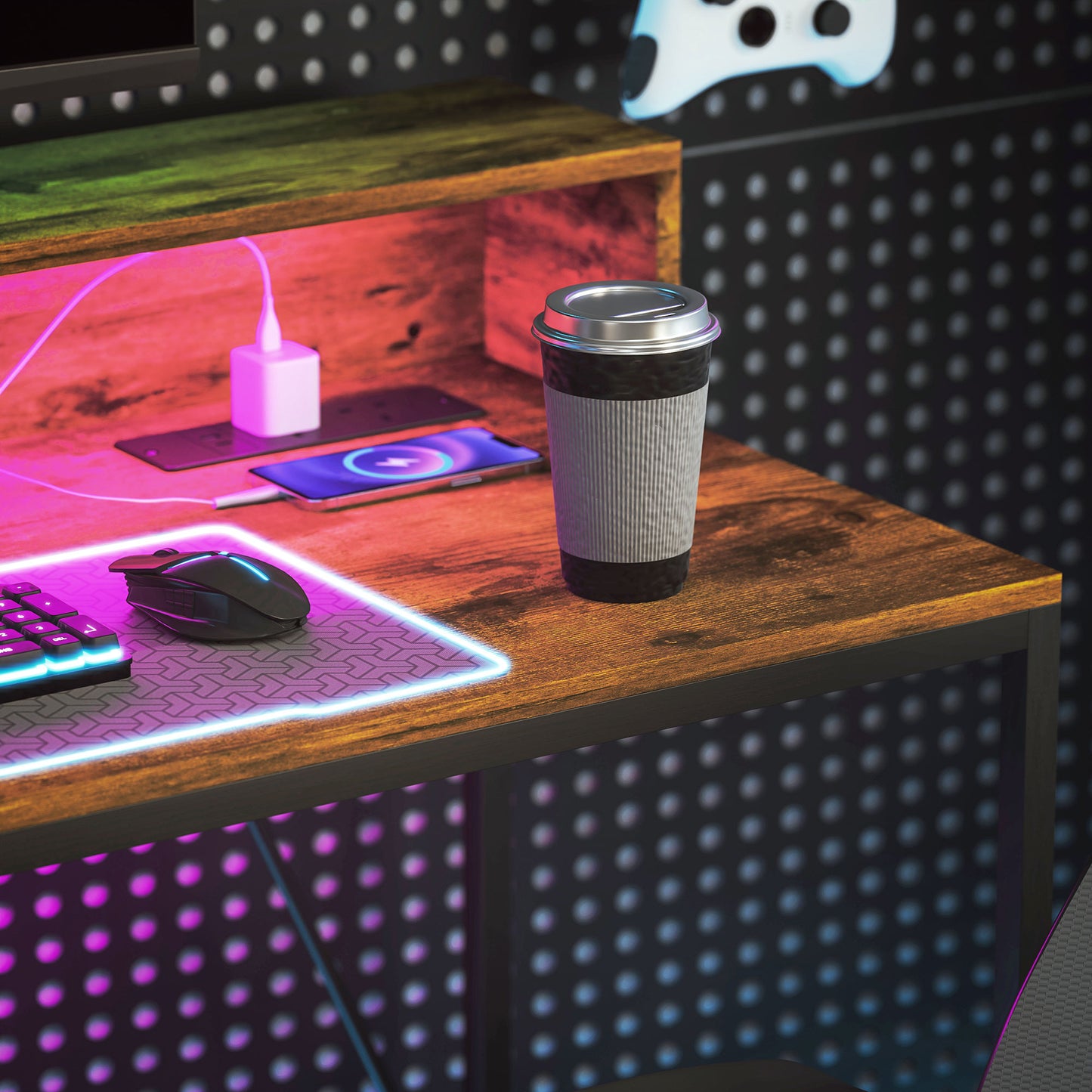 120cm Computer Desk with LED Lights and Power Outlets, Gaming Desk W/ Monitor Stand, Computer Table with Remote for Home Office Study