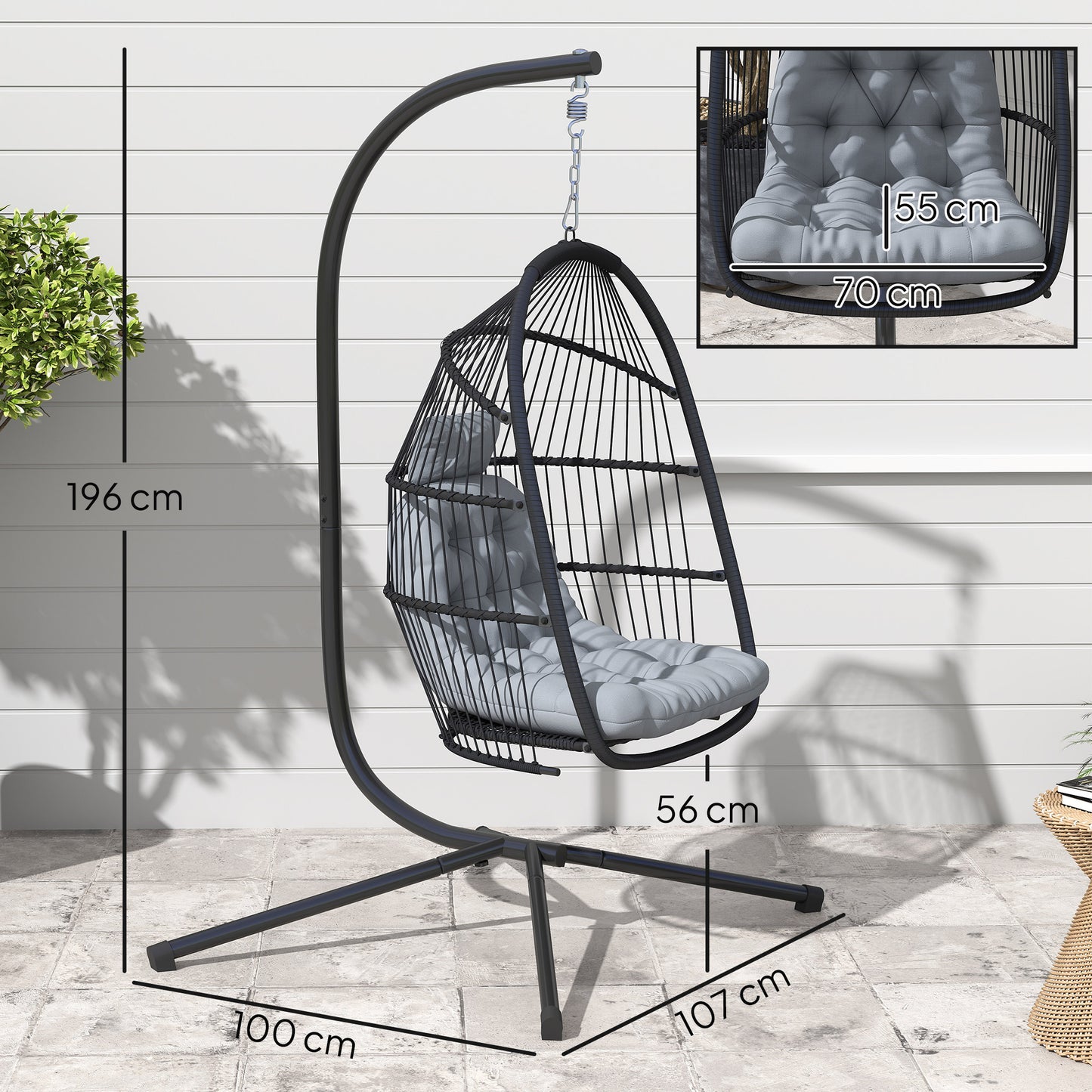 Outsunny Rattan Hanging Egg Chair with Stand, Foldable Wicker Swing Egg Chair with Cushion, Head Pillow, Steel Frame, Hammock Chair