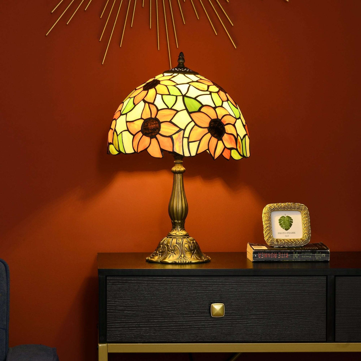 Stained Glass Table Lamp, Handmade Antique Style Bedside Lamp for Bedroom, Living room, Home, Nightstand, Decorative Night Light, Orange Sunflower