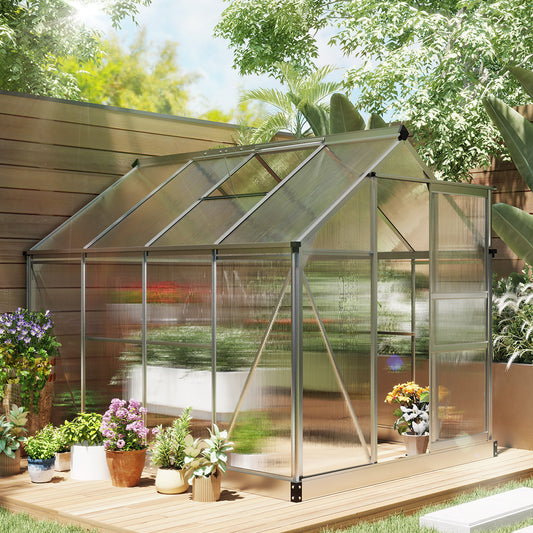 Walk-In Polycarbonate Greenhouse | 6x8ft | Aluminium Frame | Sliding Door | Roof Vent | 40kg/m² Snow Load | Silver