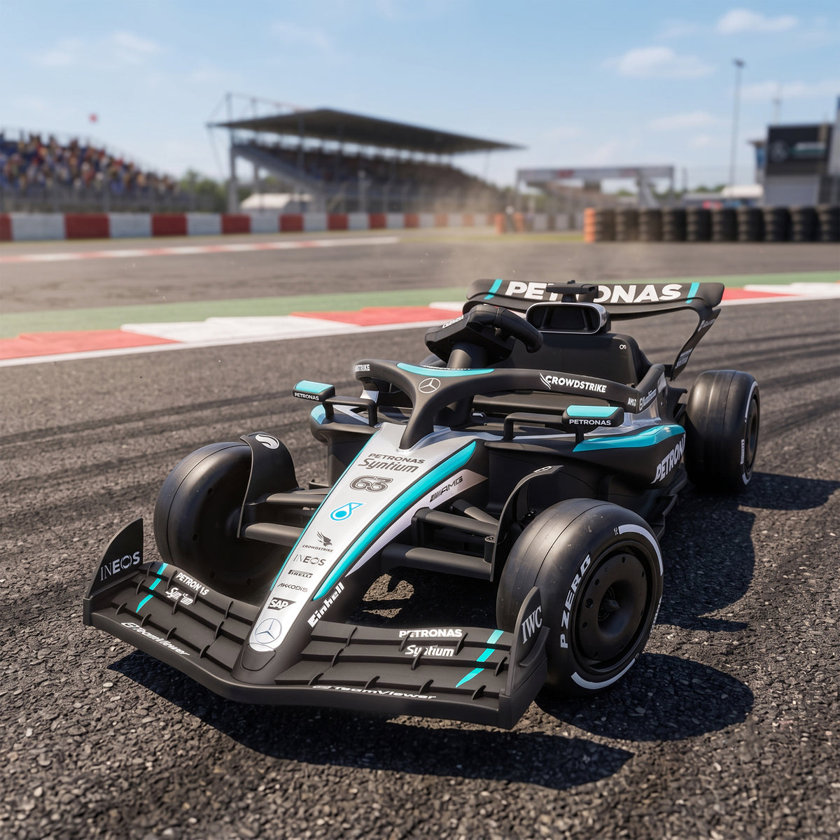 Mercedes-AMG PETRONAS F1 Licensed Kids Electric Go-Kart | Dual 12V Motors | 3 Speeds 3.3-5.5km/h | Parent Remote | Soft Start | Rear Suspension | PVC Silent Strips | Tow Handle | 2-Point Harness | Music & Lights | 123x66x39cm | 30kg | Ages 3-5 | Black